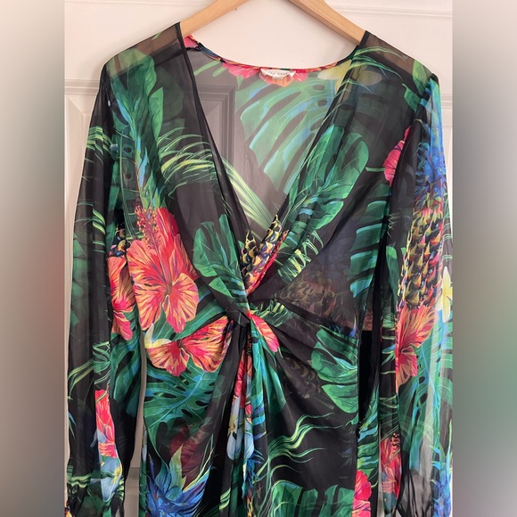 The Sang Vibrant Tropical Floral Print Maxi Dress Sheer Lined Skirt Under - Picture 5 of 10
